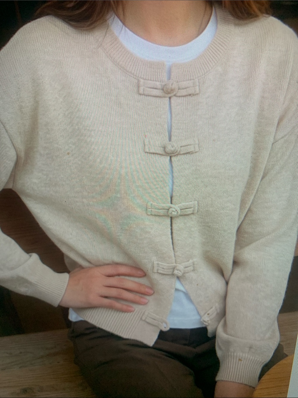 Classic Cream Knit Sweater with Decorative Knot Closures - Picture 5 of 5